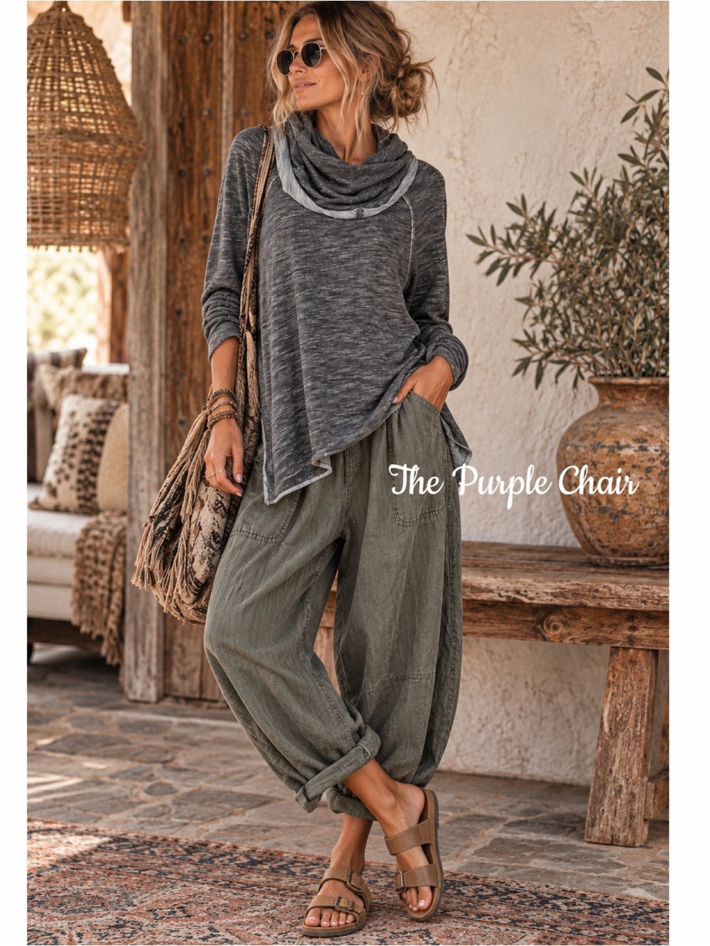 FREE PEOPLE Gray 2-Tone Cocoon Cowl Neck Sweatshirt Top M/L
